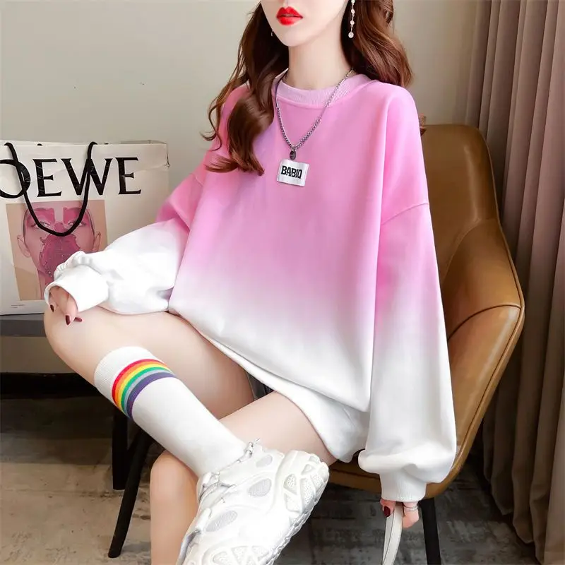 Spring Autumn New Gradual Color Loose Fashion Hoodies Sweatshirts Long Sleeve O-neck Casual Pullovers Korean Y2K Women Clothing