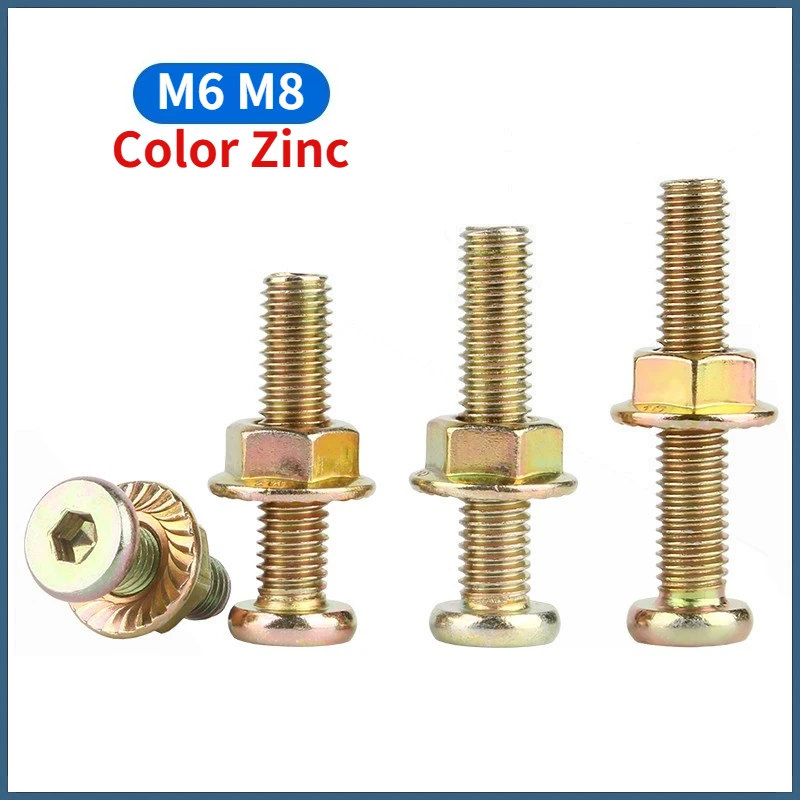 M6 M8 Color Zinc Carbon Steel Furniture Bolts Flat Round Hex Socket Machine Screws And Serrated Flange Nuts Set