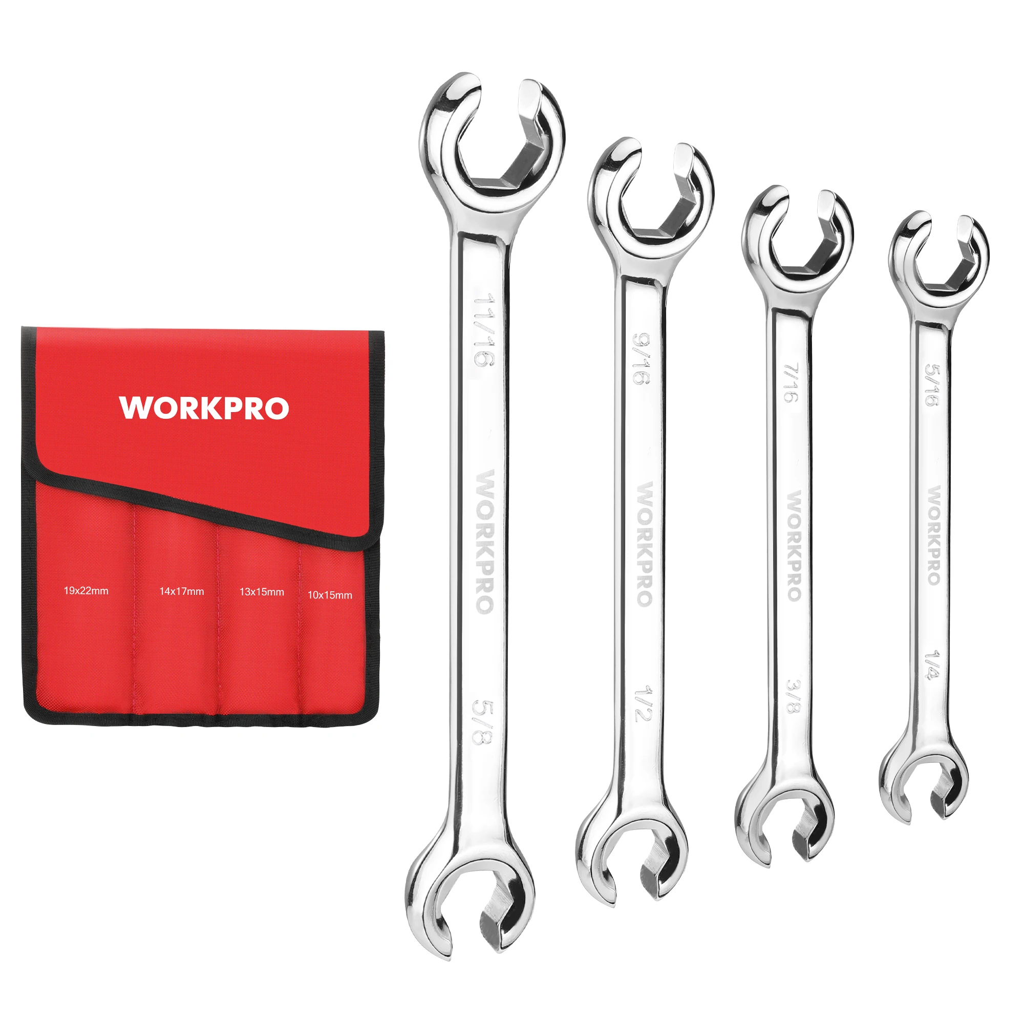 WORKPRO 4pcs Flare Nut Wrench Set, SAE/Metric Brake Line Wrenches Cr-V Steel, 15° Offset Head Tubing Wrench