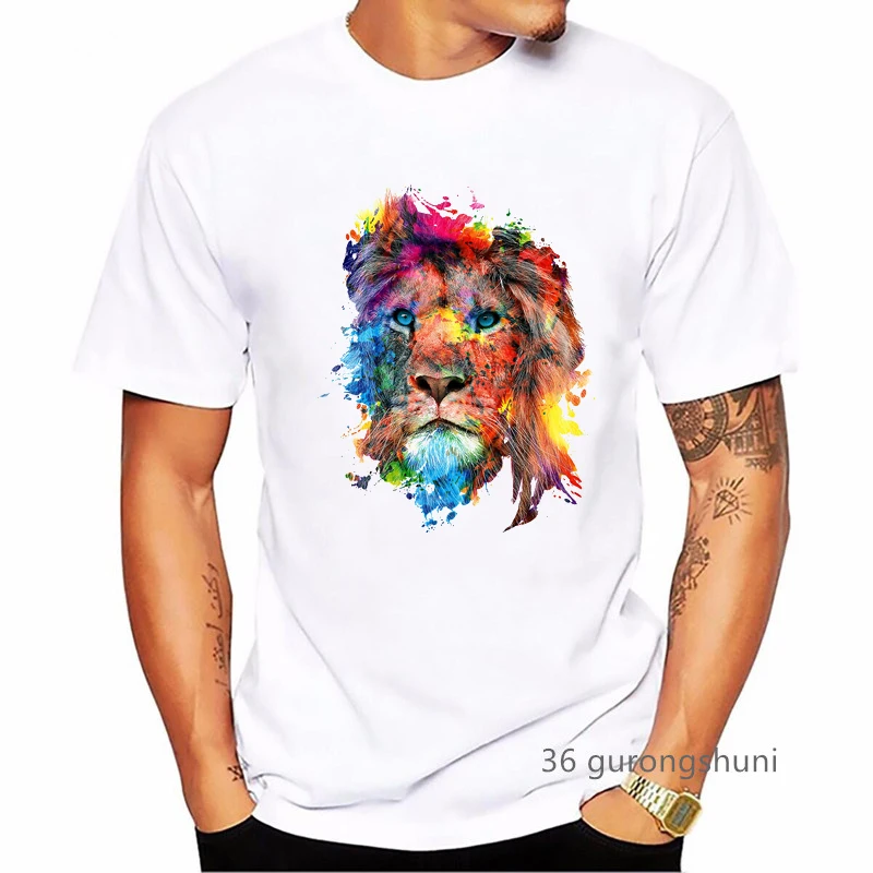 Watercolor Lion Tiger Dog Animal Print T Shirt Men Clothes 2024 White Short Sleeve Tshirt Homme Harajuku Shirt Streetwear