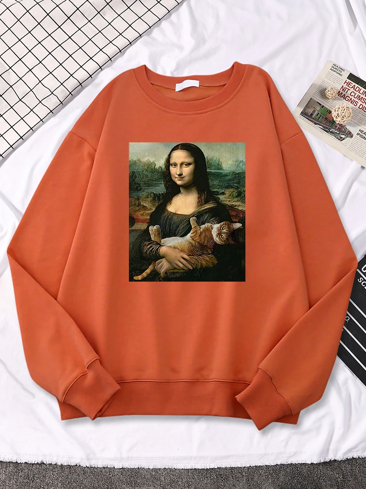 Oil Painting Mona Lisa And Cat Sweatshirts Fleece Sleeve Clothes Autumn Fleece Pullover Wowofemale Loose Fashion Pullover Hoody