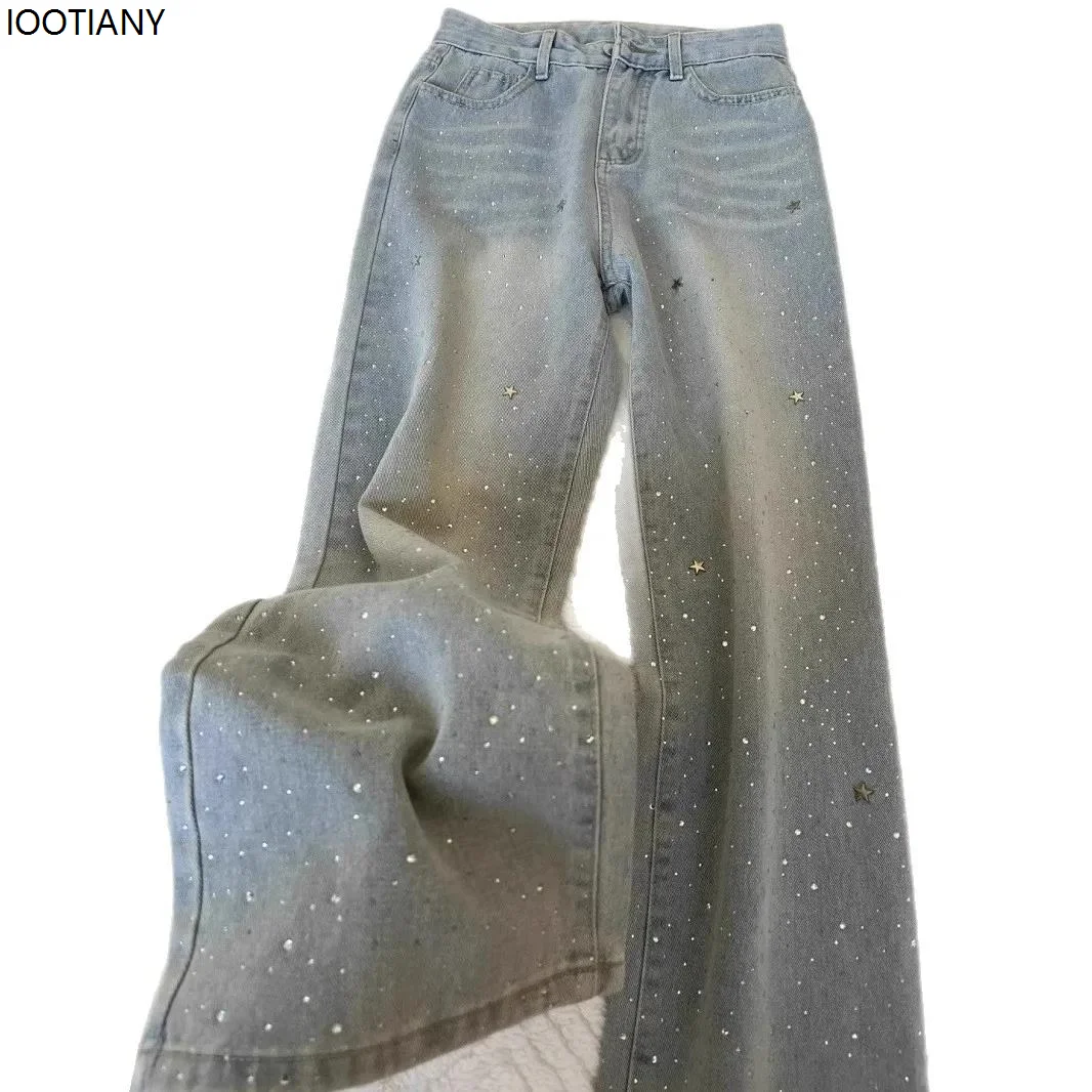 Shiny Blue Rhinestone High Waist Wide Leg Trousers Decorated Slightly Glitter Jeans Women's Fashion Versatile Slim Fit Trousers