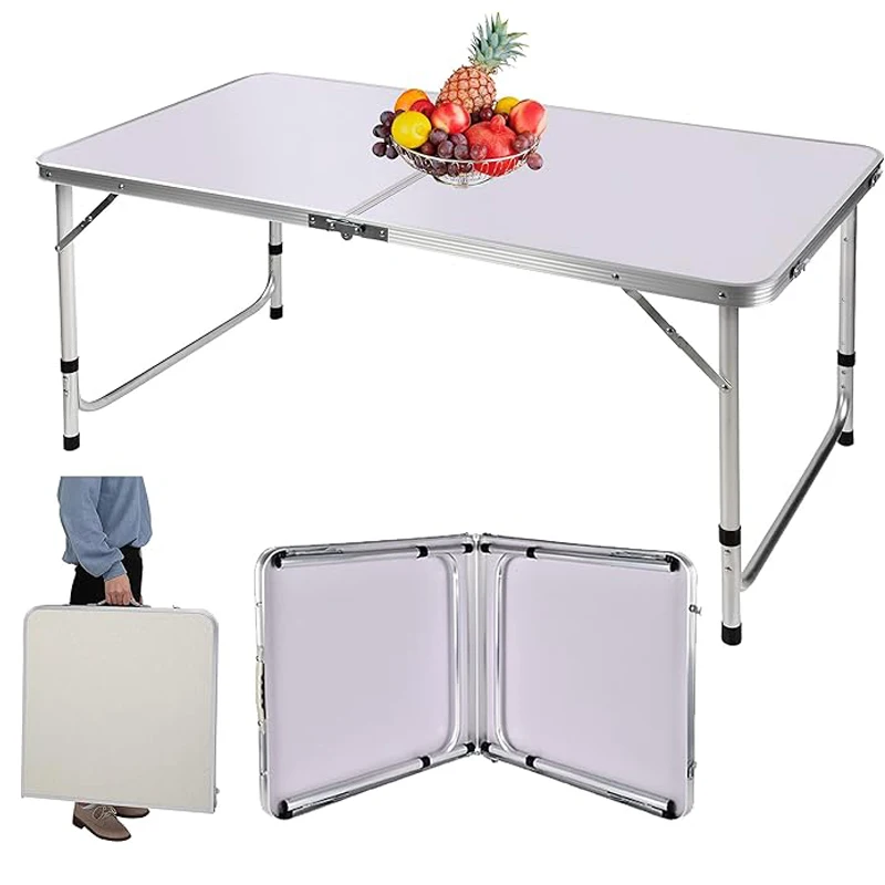 طاولة قابلة للطي 120 سم، طاولة تخييم للنزهات، مكتب دراسة للكمبيوتر المحمول، مع مقبض حمل، 3 ارتفاع قابل للتعديل، أبيض