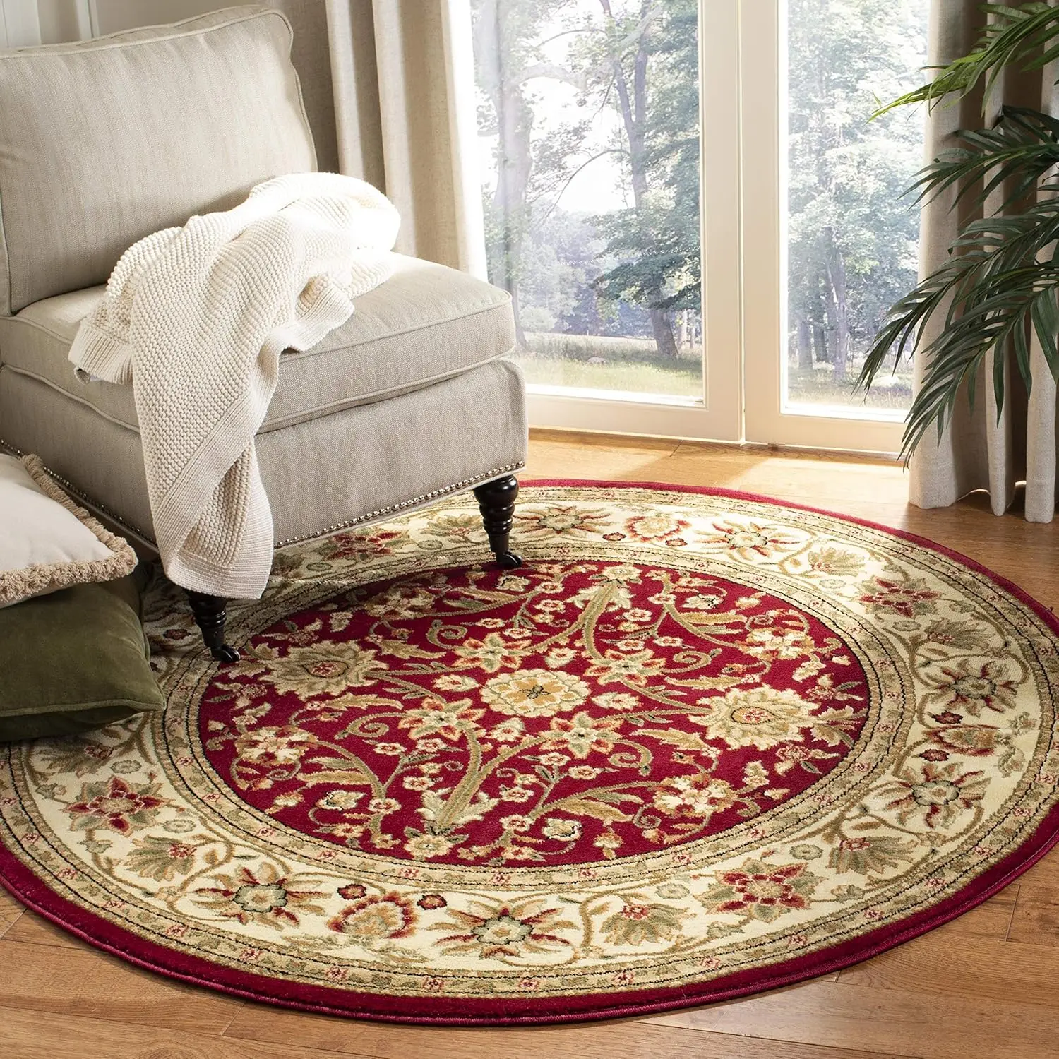 

8' Round, Red & Ivory, Traditional Oriental Design, Non-Shedding & Easy Care, Ideal for High Traffic Areas in Living Room