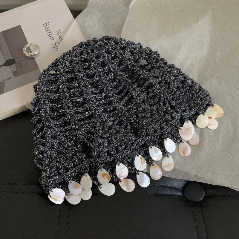 Koreanische Neue Mütze mit Muschel-Quasten-Design, Strickmütze, Herbst, handgefertigt, gehäkelt, hohles Netz, atmungsaktive Beanie-Mützen für Damen – Detail 6