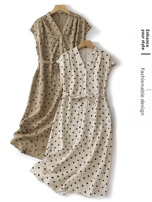 

Korean Style Cotton Linen Dress Women's plus Size Fashionable Elegant Polka Dot Midi Dress Commute Style Button Detail