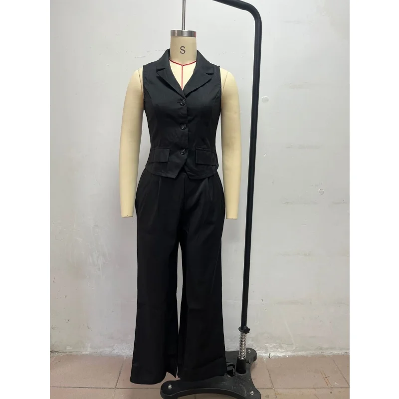 Damen 2-teiliges Outfit, ärmellose Weste mit Revers, hochtaillierte Hose mit weitem Bein, elegantes Büro-Formalanzug-Set, Business-Party-Partnerlook – Detail 15