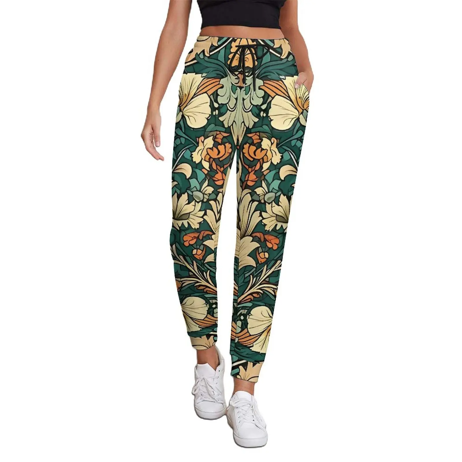 Art Nouveau Jogger Pants Autumn Floral Print Vintage Joggers Female Korean Fashion Custom Trousers Big Size 2XL