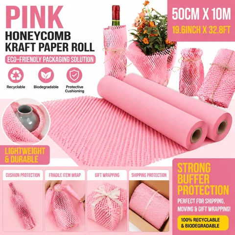 Recyclable Biodegradable Eco Pink Honeycomb Kraft Paper Roll 50cm×10m, Cushion Wrap for Shipping Moving Fragile Product Packagin