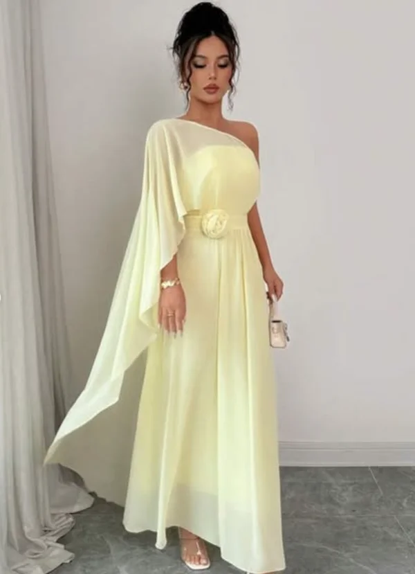 Alta qualidade personalizado tornozelo comprimento sem costas um ombro flor amarela feminino robe despeje mariage convidado Плаazoеtü kund©dheль