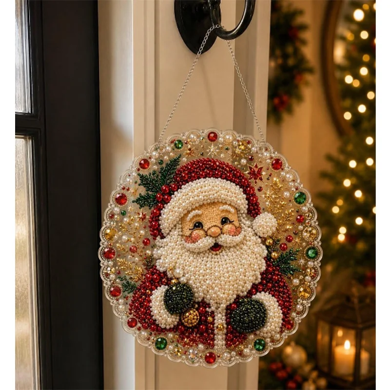 Christmas Pearl Diamond Painting Kit DIY Craft Pearl Bead Craft Acrylic Round Board with Lace Edge Festive Wall Decoration