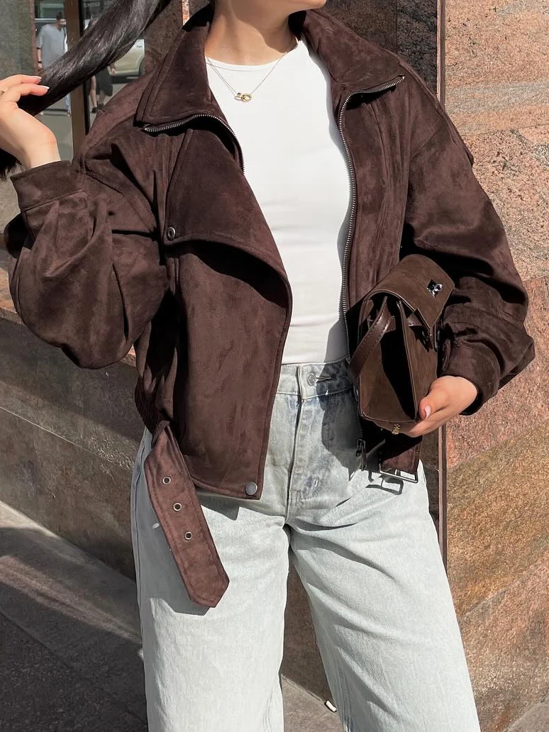 

Solid Zipper Pocket Belted Short Jacket Women Long Sleeve Turndown Collar Cropped Outerwear Autumn New Streetwear Vintage Coats