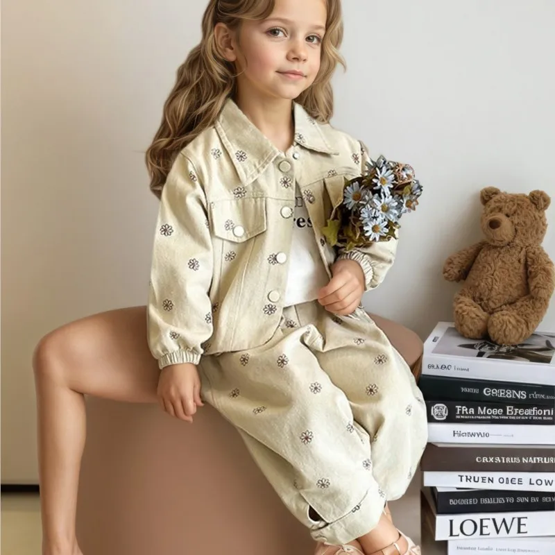 Fashion Baby Girl Jeans Clothes Set Jacket+Pant 2pcs  Infant Toddler Child Denim Suit Outfit Spring Autumn Baby Clothes 1-8Y