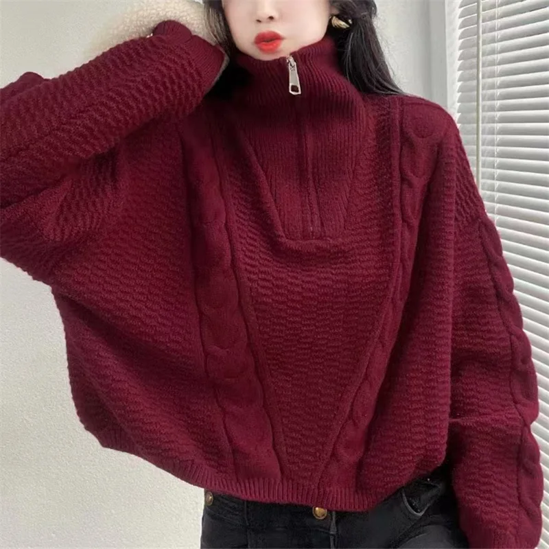 Winter Vintage Half Zipper Stand Neck Sweater Loose Thin Solid Color Design Short Fried Dough Twists Sweater Women