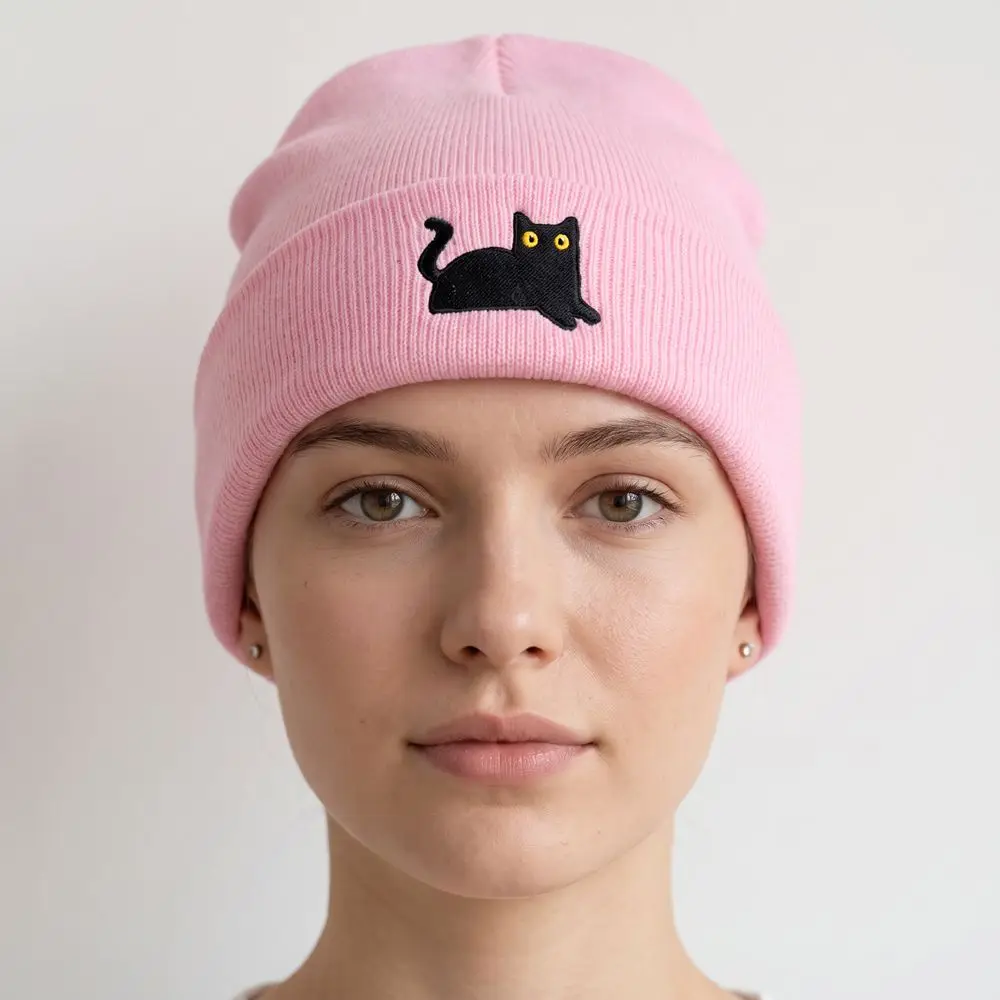 Modische, niedliche, bestickte Katzen-Strickmütze, warme, bestickte Strickmütze, dicke Wollmütze für den Winter, Herbstmütze – Detail 8
