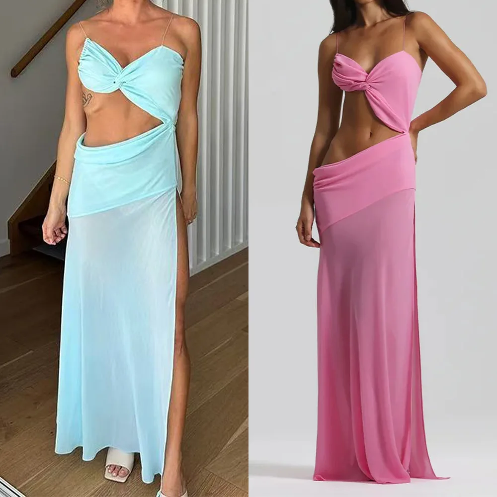 

Sexy Backless Bikini Long Dress Women Side Split Sleeveless Pleated Female Vacation Dresses 2026 Spring Lady Beach Party Robes