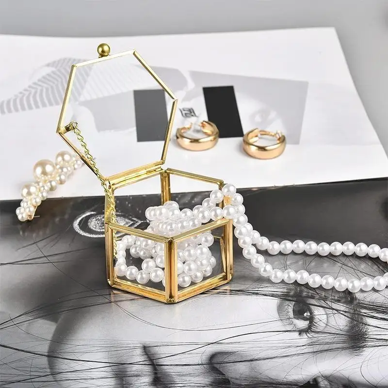 Hexagonal Jewelry Box Gold Glass Accessory Storage Retro Organizer for Bridesmaid Engagement Wedding