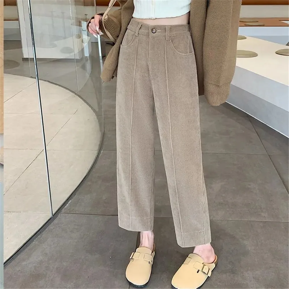 

Autumn Winter Thicken Warm Corduroy Wide Leg Pants For Women Office Ladies England Retro High Waist Solid Casual Straight Pants