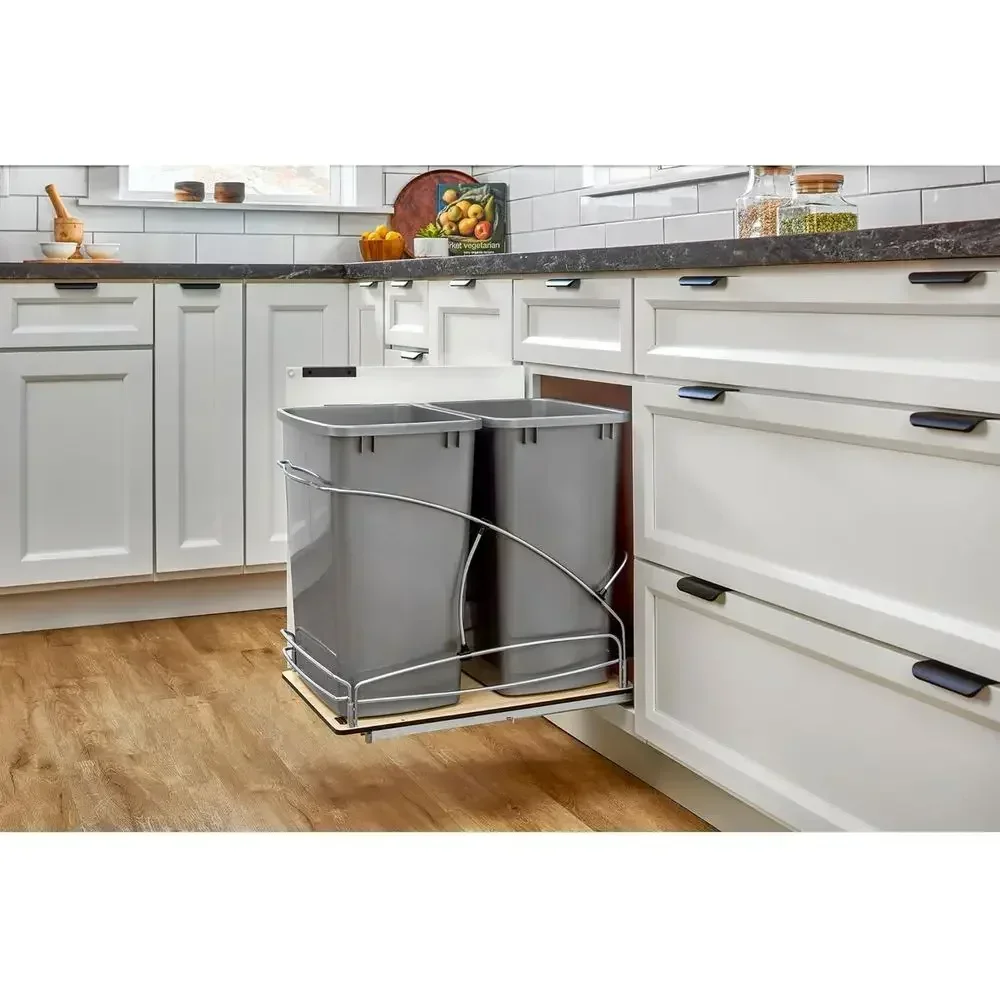 Double 35 Quart 8.75 Gallon Steel Bottom Mount Waste Bin, Under Cabinet Storage, Gray
