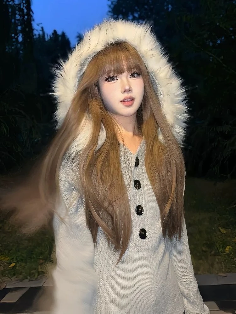 

Американский винтажный пряный свитер на пуговицах, вязаный однотонный свитер с длинными рукавами из искусственного меха с буквенным узором, модный повседневный пуловер, женский осенний