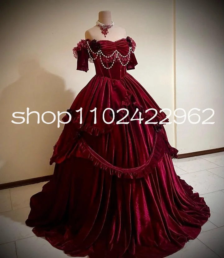 Burgundy Velvet Princess Victorian Prom Dresses Off Shoulder Ruched Lace-up Corset Lolita Gothic Evening Gown Customsized