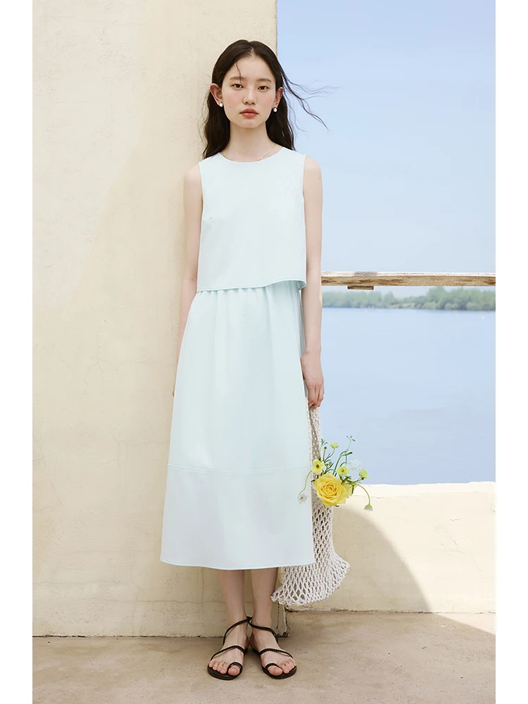 ZIQIAO Petite Ice Blue Temperament Round Neck Sleeveless Dress for Women\'s Summer 2024 New Fake Two Piece Long Skirt