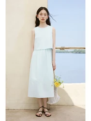 ZIQIAO Petite Ice Blue Temperament Round Neck Sleeveless Dress for Women's Summer 2024 New Fake Two Piece Long Skirt