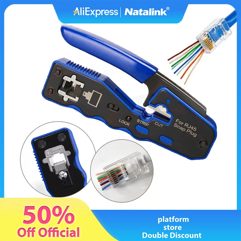 Natalink RJ45 Crimping Tool Pass Through Crimper Wire Stripper Cutter for Cat6A Cat6 Cat5 8P8C rj45 cable stripper tool Connecto