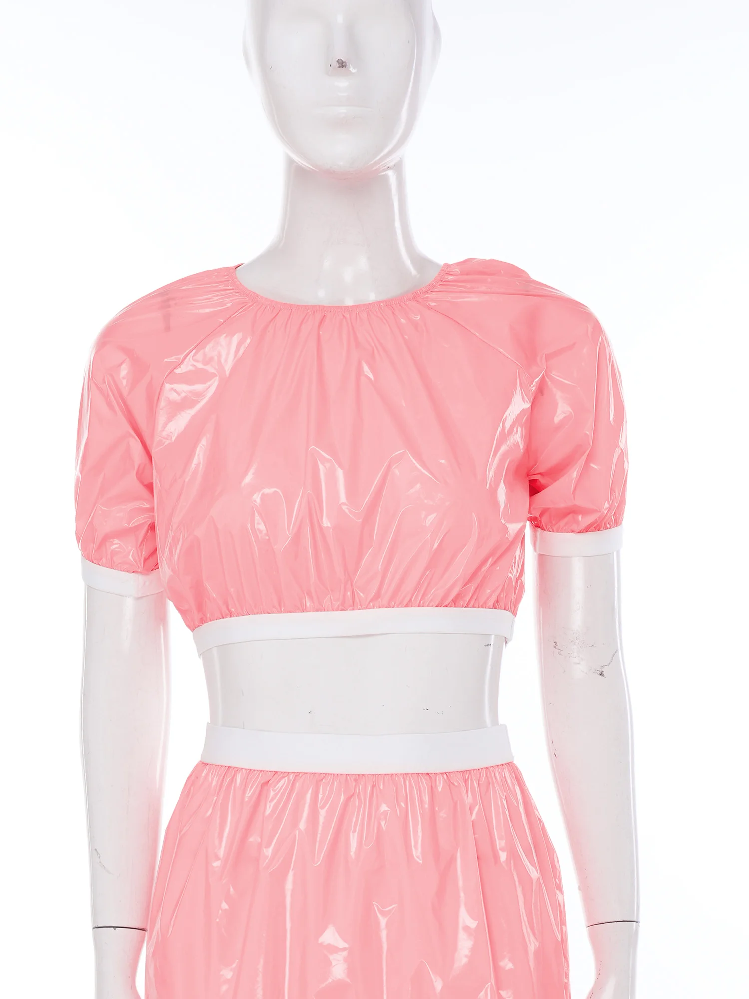 Women Glossy Crop Top Elastic Trims Short Sleeve Pullover Vinyl T-shirt Swim Top Rave Clubwear Waterproof Special Needs Clothing