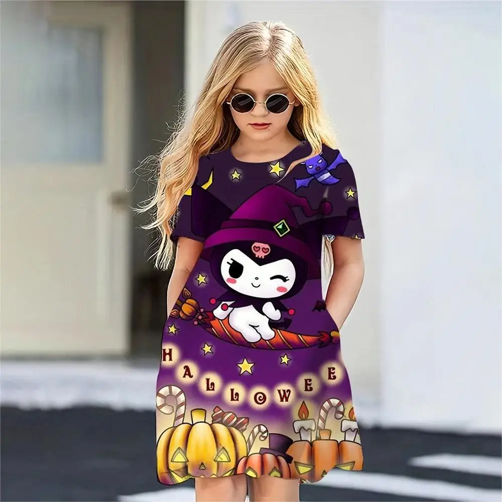 MINISO Girls Summer Dress Fashion Cartoon Cute Kuromi 3D Printed Women Dresses Girls manica corta Princess Dress abbigliamento per ragazze