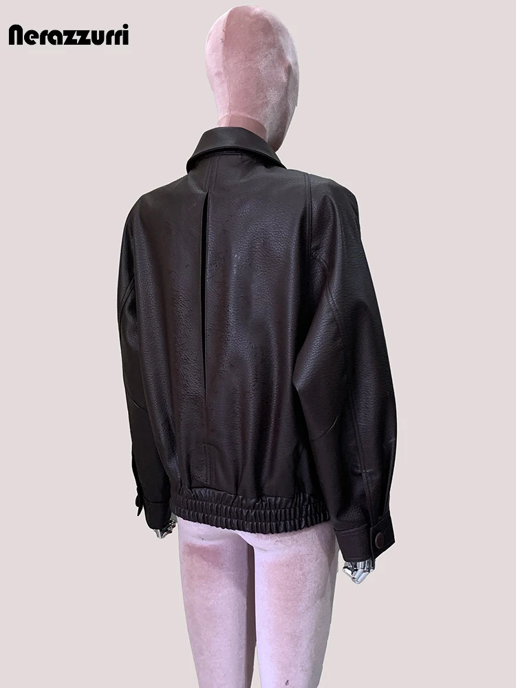 Lautaro primavera otoño corto suave marrón Pu chaqueta de cuero mujeres solapa pico doble botonadura elegante ropa de lujo