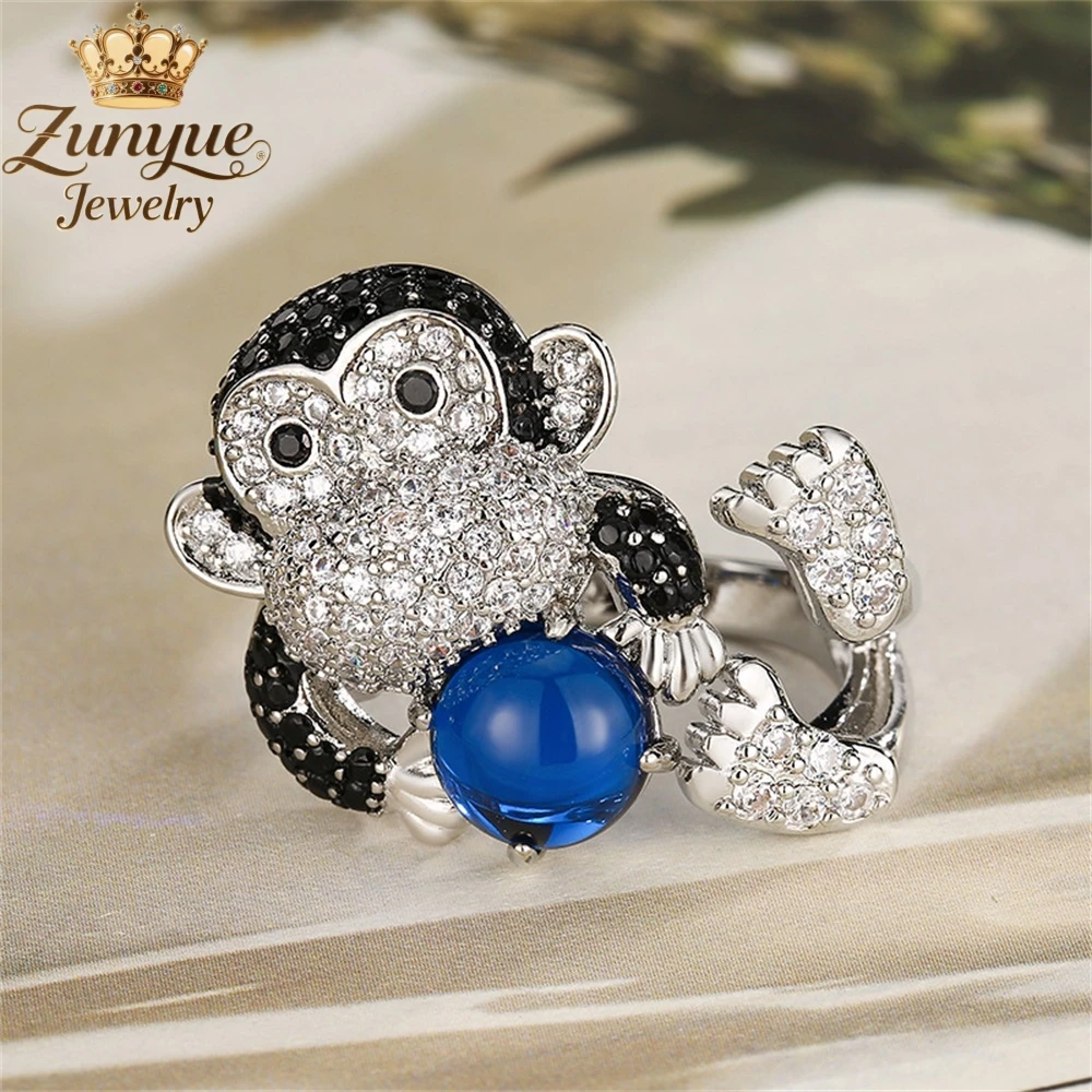 

Кольцо из цветного хрустального стекла с объемной обезьянкой и инкрустацией бриллиантами, роскошное, качественное, модное ювелирное украшение, изысканные шармы, популярное