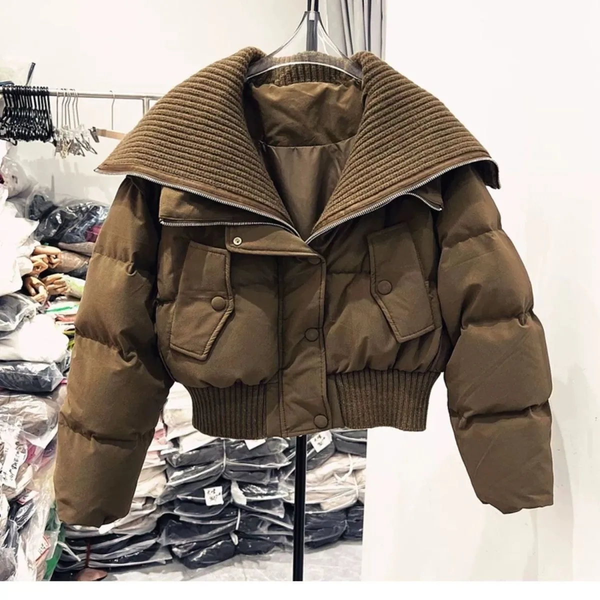 2024 New Women's Down Jacket parka winter coat oversized Lapel,Ultra-Short Knit Patchwork Winter Coat in Trendy Unique Design