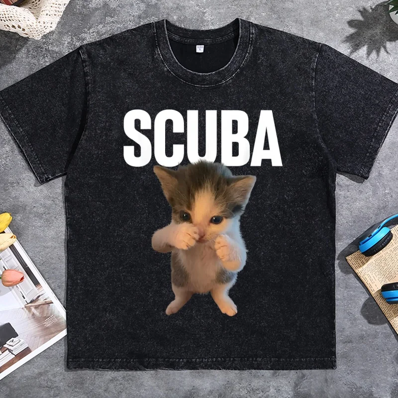 Lustiges Tanzendes Taucher-Katzen-Meme-T-Shirt für Männer und Frauen, Niedliches Tauchkatzen-Grafik-T-Shirt, Lässiges Vintage-Rundhals-T-Shirt – Detail 4