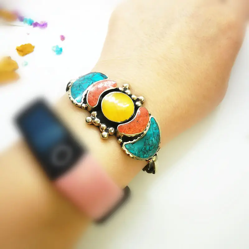 Fine Quality Vintage Dancing Bangle Cuff Copper Inlaid Colorful Locket Bracelets Nepal Handmade Jewelry for Girls BB-289