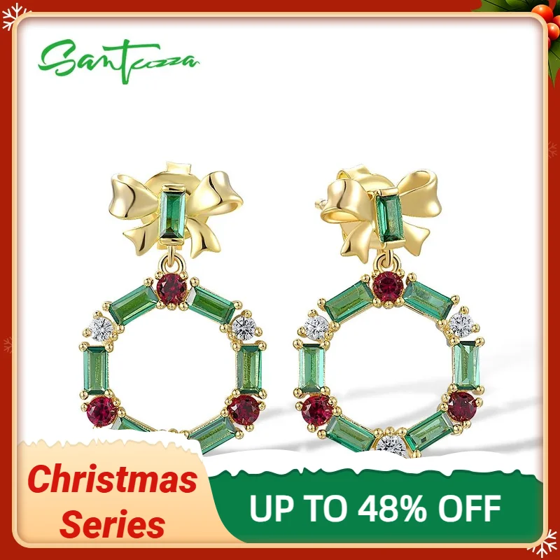 

SANTUZZA Authentic 925 Sterling Silver Earrings For Women Green Red Stones Unique Hexagon Christmas Party Delicate Fine Jewelry