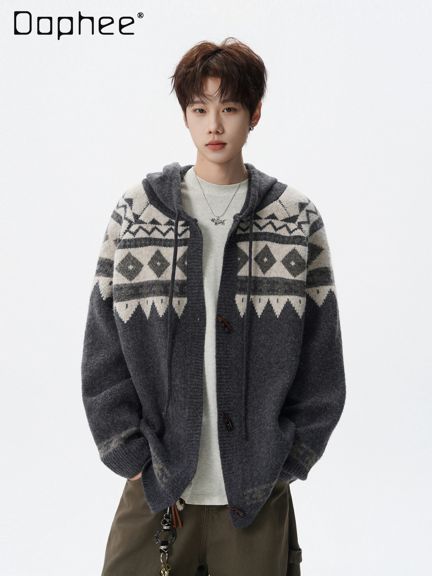 2025 Autumn and Winter New Hot Sale Men's Retro Jacquard Loose Casual Daily Gray Horn Button Hooded Knitted Cardigan