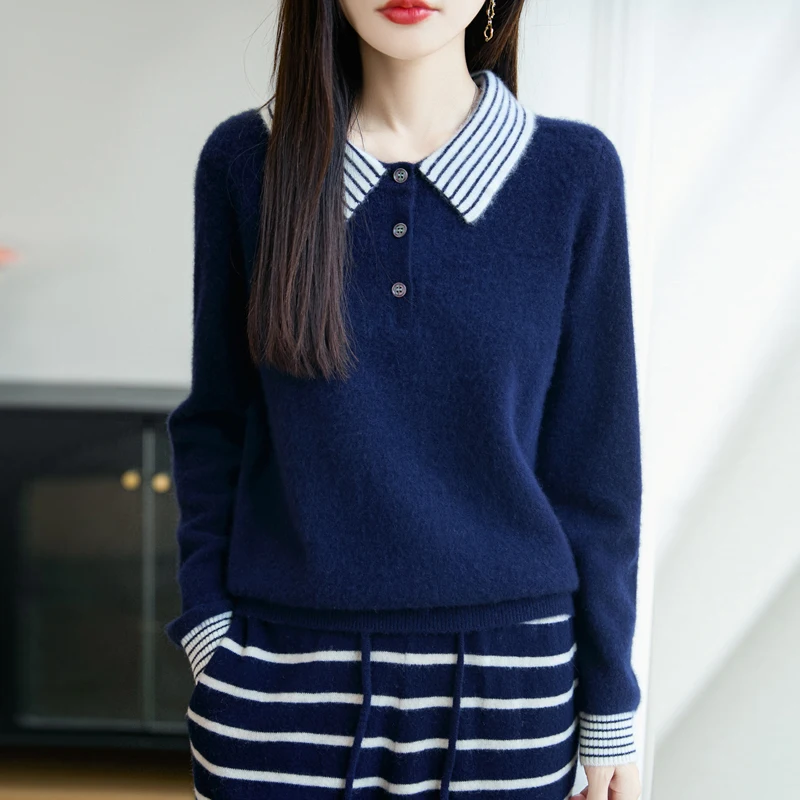 TLOML 신상 여성 울 하프 버튼 풀오버 캐주얼 턴다운 칼라 캐시미어 스웨터 가을 겨울 100% 메리노 울 니트