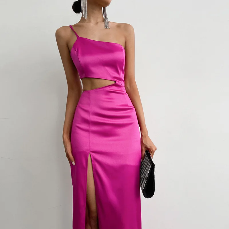 

Elegant Solid Color Women Split Tassels One Shoulder Hollow Out Maxi Dresses Satin Evening Fashion Party Outfits Vintage Dress