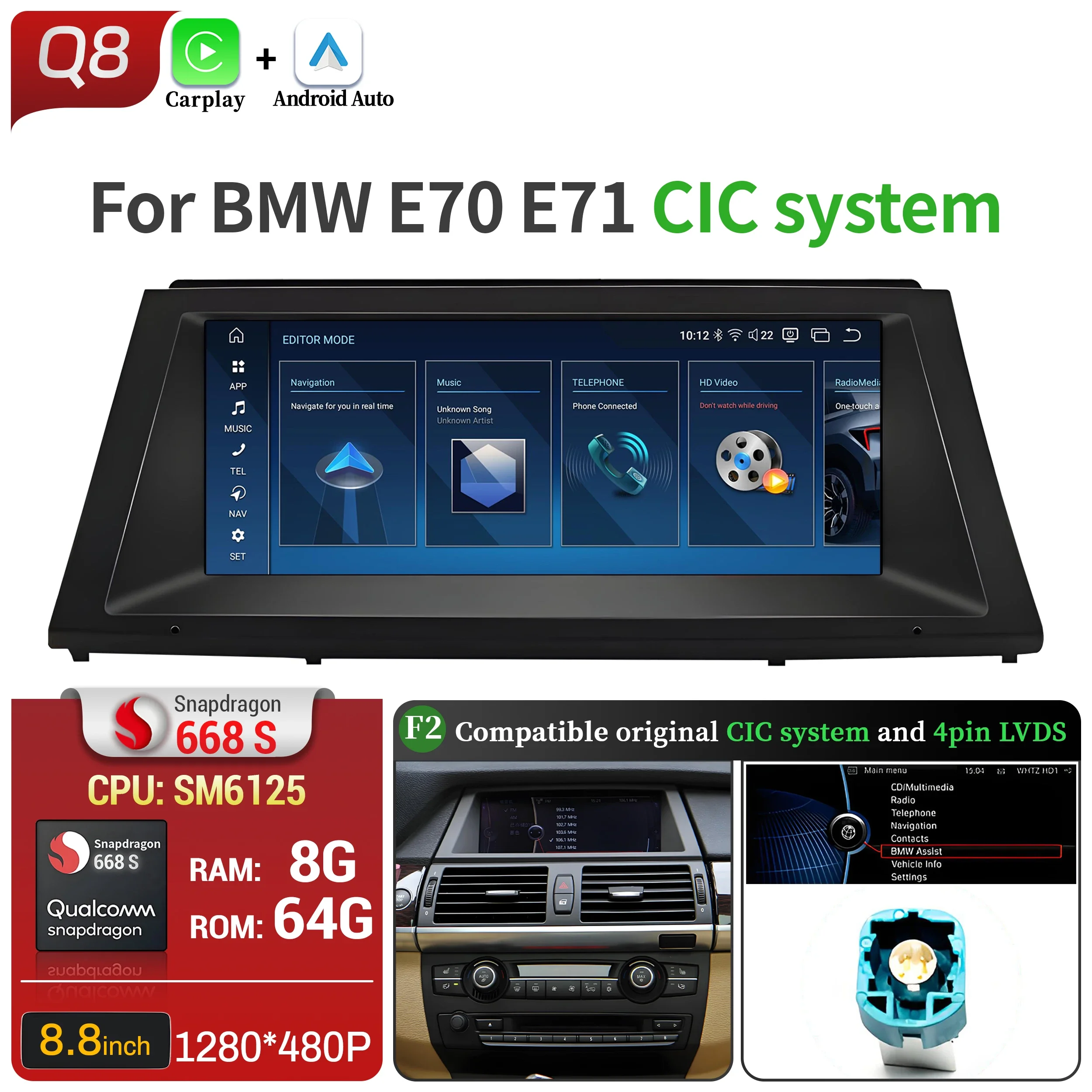 8.8 inch Android 13 Voor BMW X5 E70 X6 E71 E72 Autoradio GPS Draadloze BT Carplay Qualcomm Snapdragon 680 Head Unit Touchscreen