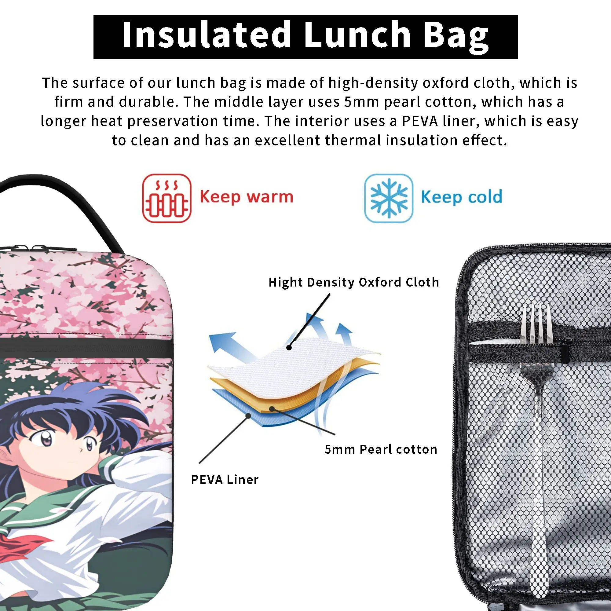 Inuyasha Kagome Higurashi Lunch Bag  Travel Lunch Box For Women Casual Thermal Lunch Bags Oxford Portable Zipper Cooler Bag view 5