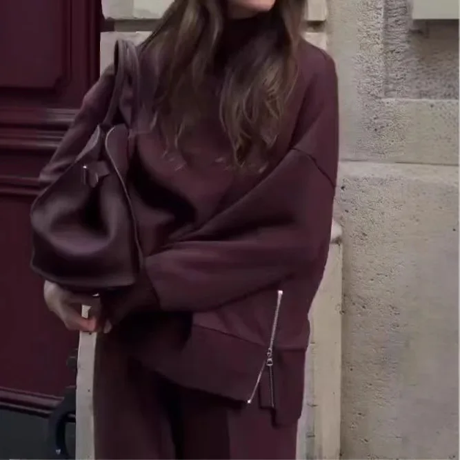 Frühling Herbst Einfarbiger Langarm-Rollkragenpullover Weite Hose 2-teiliges Set Damen Alltags- Sport- und Pendleranzug