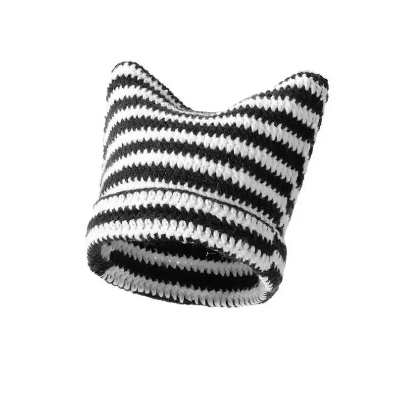Nouveau Style coréen fait à la main Crochet acrylique oreilles de chat femme chapeau d'hiver rayé automne bonnets chaud doux Bonnet Skullies casquette cadeau