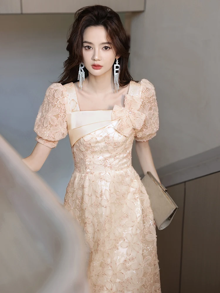 

Ele Lace Evening Dr Long Gown for Women ort Sve Floor Length Adult aduation Ball Ceremony Korean Sle Wedding