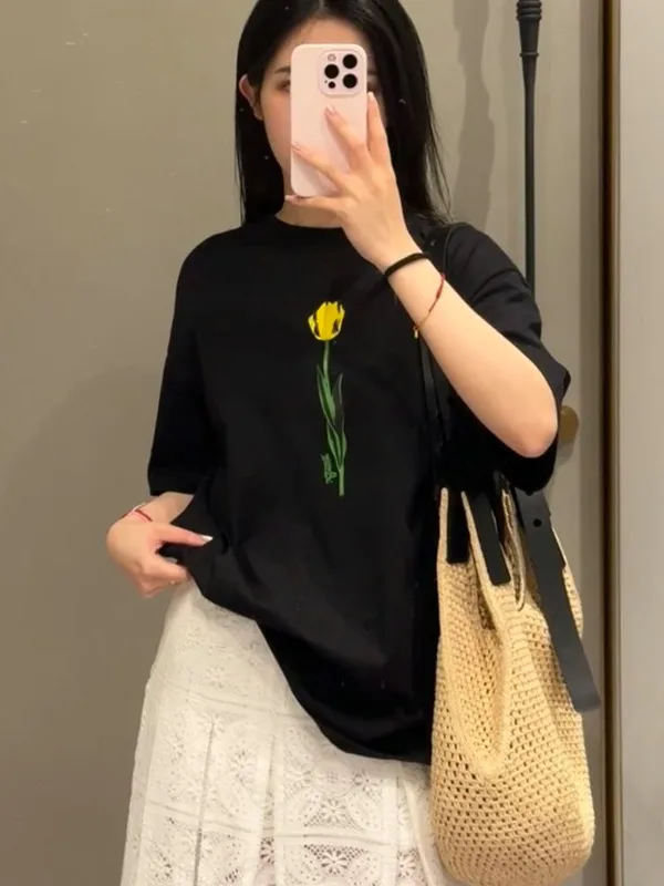 

Bla Cotton T-irt Women's Summer New Loose ort Sve Floral Print Trendy Base irt Commute Sle Creative Pattern