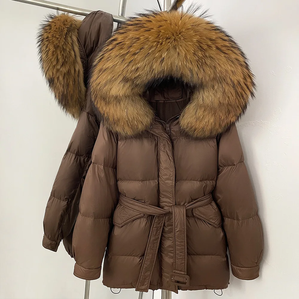 

Hooded Real Fox Fur Female Autumn Winter Women White Duck Down Coat Warm Natural Fur Fluffy Puffer Thick Mid Long Jacket