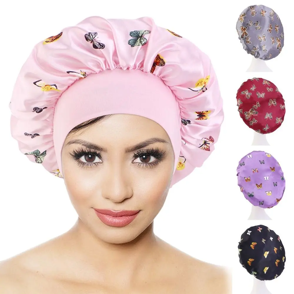 Butterfly Print Satin Sleeping Cap Wide Brim Nightcap Hair Care Turban Hat for Washing Face Skin-caring Make-up Cap