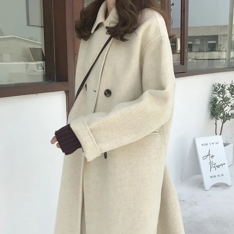 

Winter Coat Women Japanese Senior Solid Colour Double-sided Cashmere Coat Loose Oversized Lapel Double-breasted Tweed Jacket