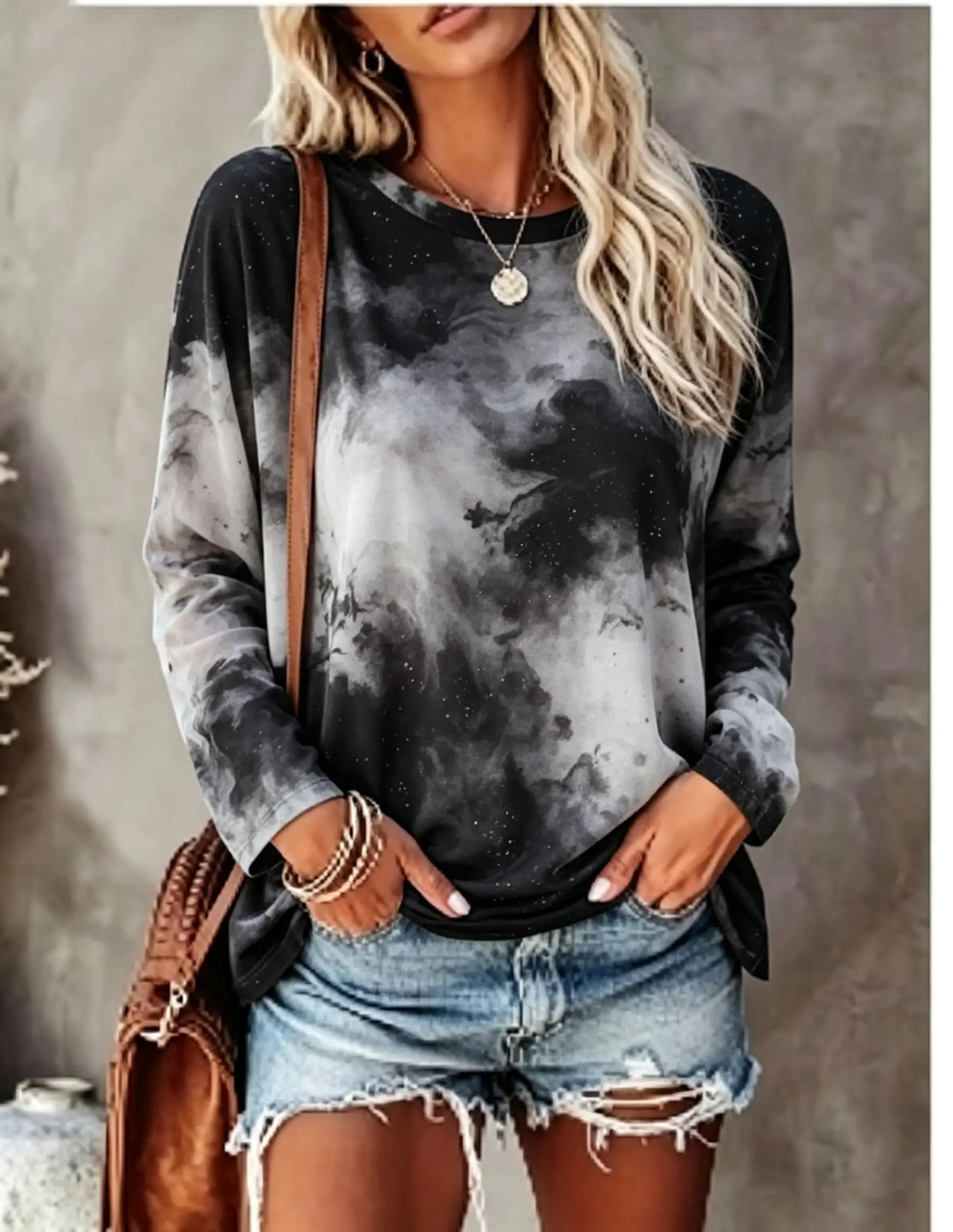 Women Long Sleeve T Shirt Autumn Swirl Marble Tie Dye Gradient Print Crew Neck Casual Fall Tops - view 5