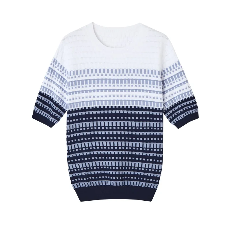 Top redondo de punto de seda de hielo Ne ort Sve para mujer, Top de Color con bordado Floral, patrón coreano Sle Commute Faion